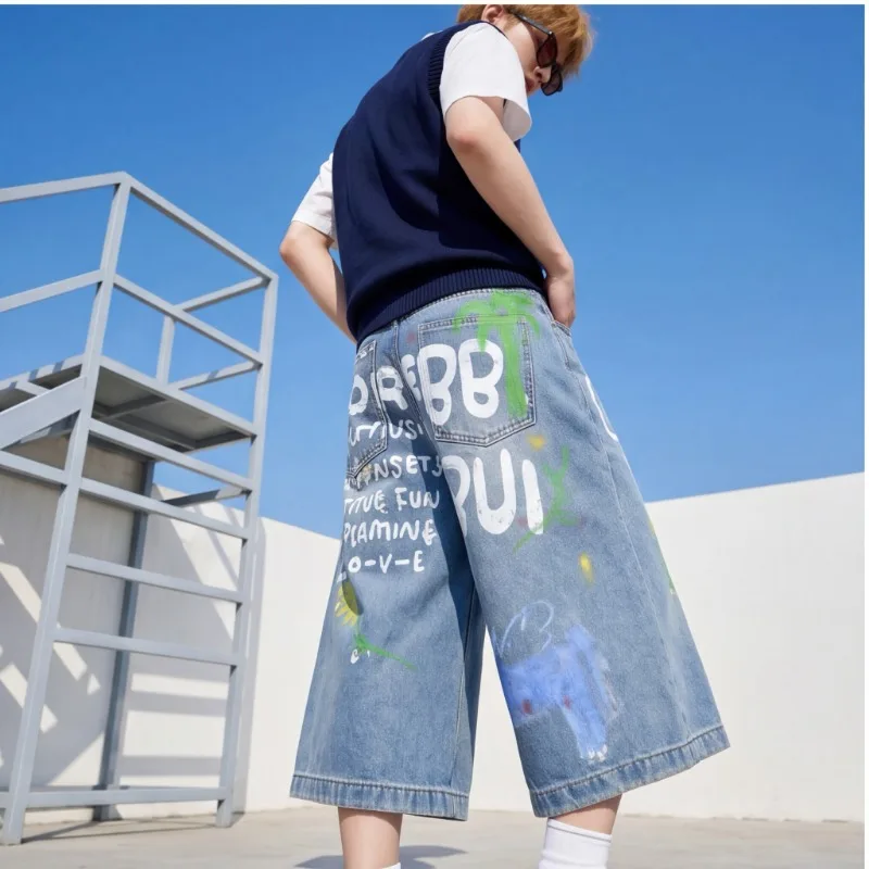 Pantalon en jean pour femme, coupe large, capri, patchwork imprimé, taille haute, style rétro, baggy, short, été, plage, vacances