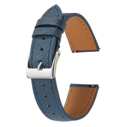Sleek Tapered Saffiano Leather Quick Release Watch Strap - 22mm (Blue silver buckle)