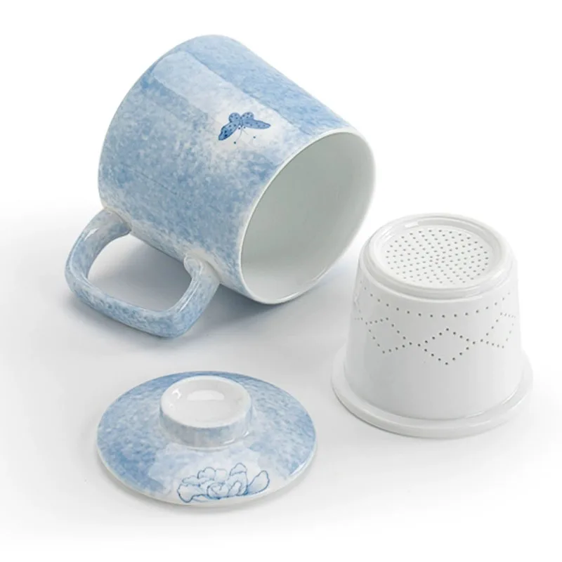 Hand Drawn Butterfly Love Flower Pattern Tea Water Separating Ceramic Office Tea Cup, Porcelain Belt Cover Filter Mug 350ML, 1Pc