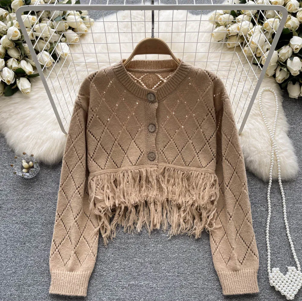 

Женский винтажный трикотажный кардиган, однобортный укороченный свитер с длинными рукавами и бахромой, осень 2022