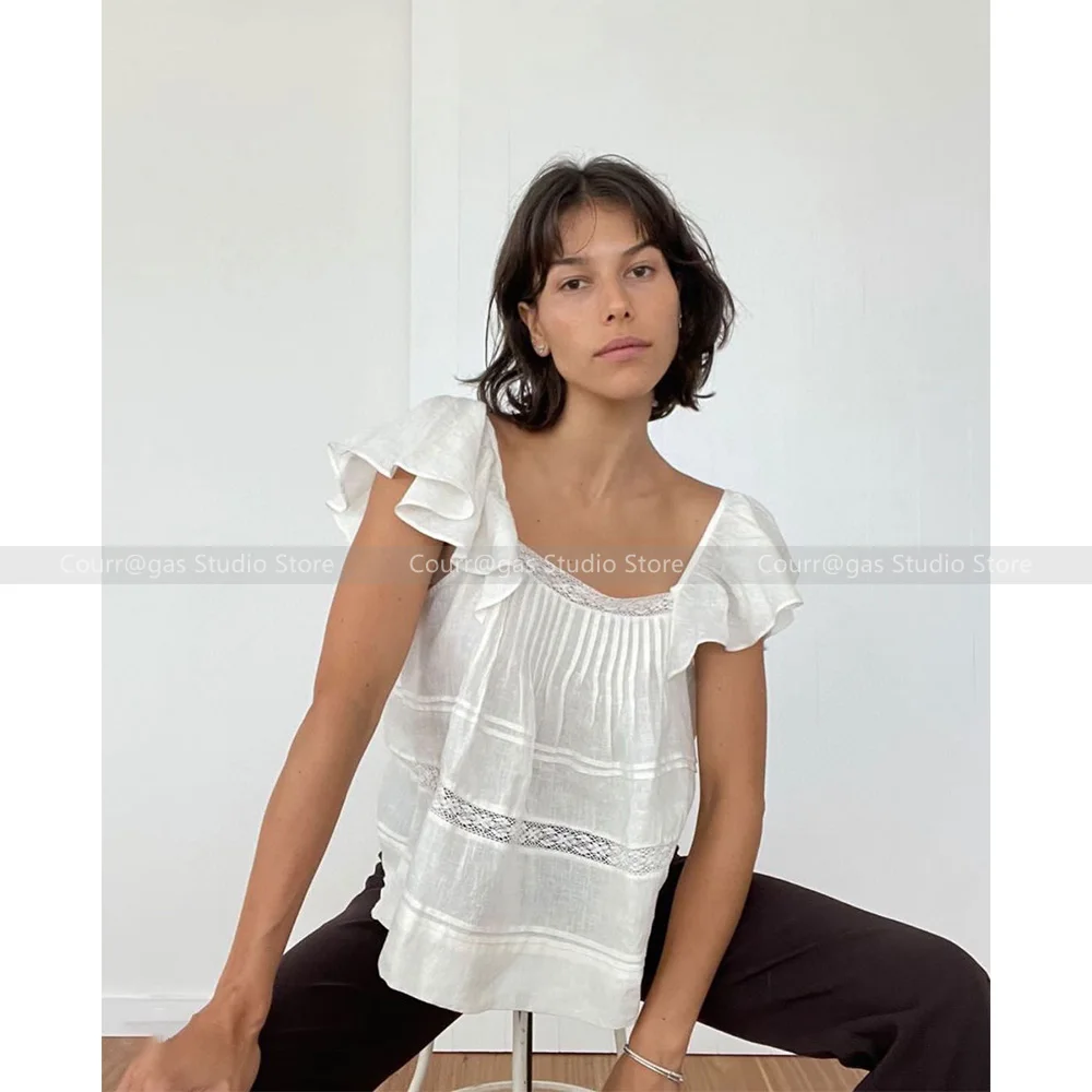 

French Niche Casual Loose White Lace Trimmed Fly Sleeve Linen Peplum Top