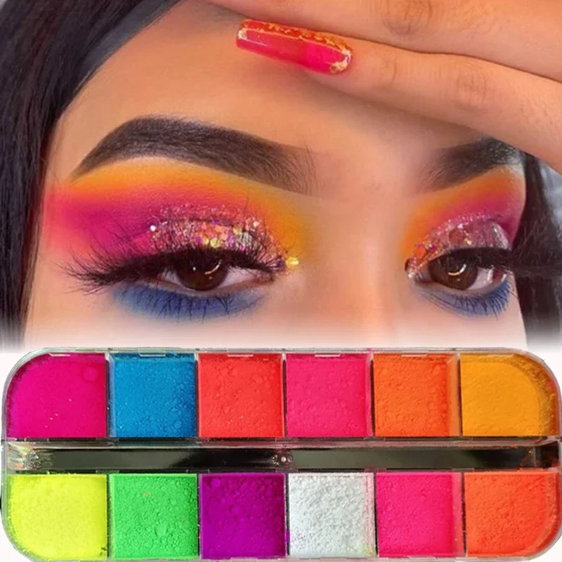 12 Colors Eyeshadow Palette Matte Neon Fluorescent Pigment Metallic Makeup Palette Glitter Eyeshadow Nail Art Powder