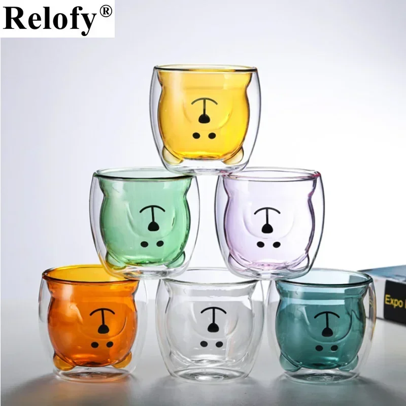 250ml Double Wall Glass Coffee Cup Cute Animal Beer Mug Wine Glass Mug Lovers Family Milk Juice Water for Drinking Drinkware