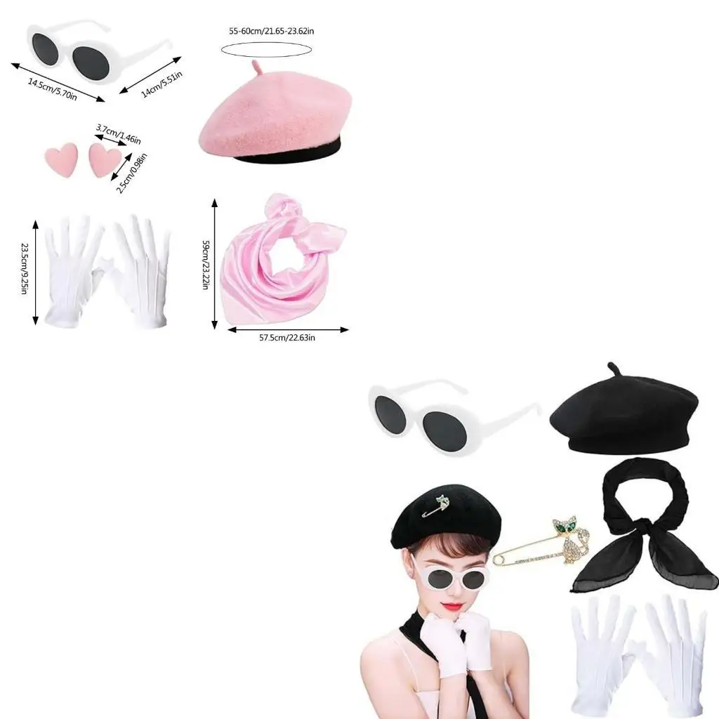 39BD Women 1980s Cosplau Outfit Accessories Hat Glasses Heart Earring Scarf Gloves for Halloween Cosplay Theme Party