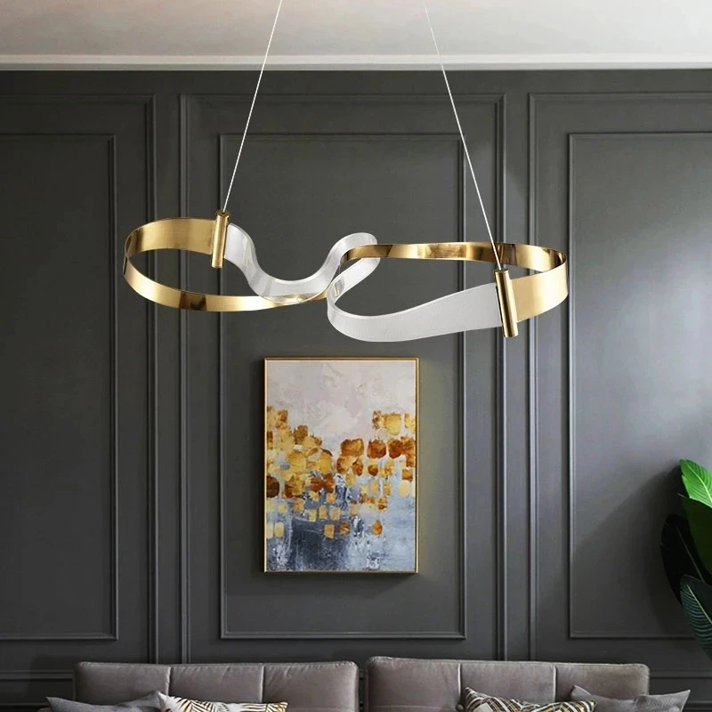 

2022 Modern Simple Light Luxury Model Room Villa Family Living Dining Room Study Bedroom Nordic Creative Ribbon Chandelier