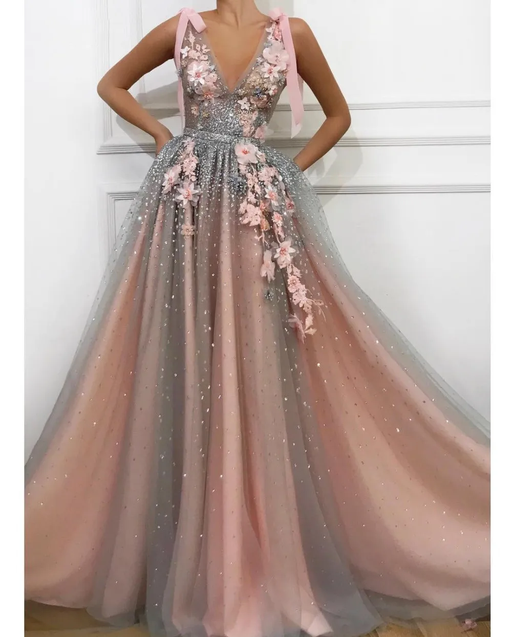 silver prom dresses On Zhu Pink Tulle Crystals Prom Dresses V-Neck Lace Flowers Beaded Long Prom Gown Evening Dresses Party vestidos de gala 2022 simple prom dresses