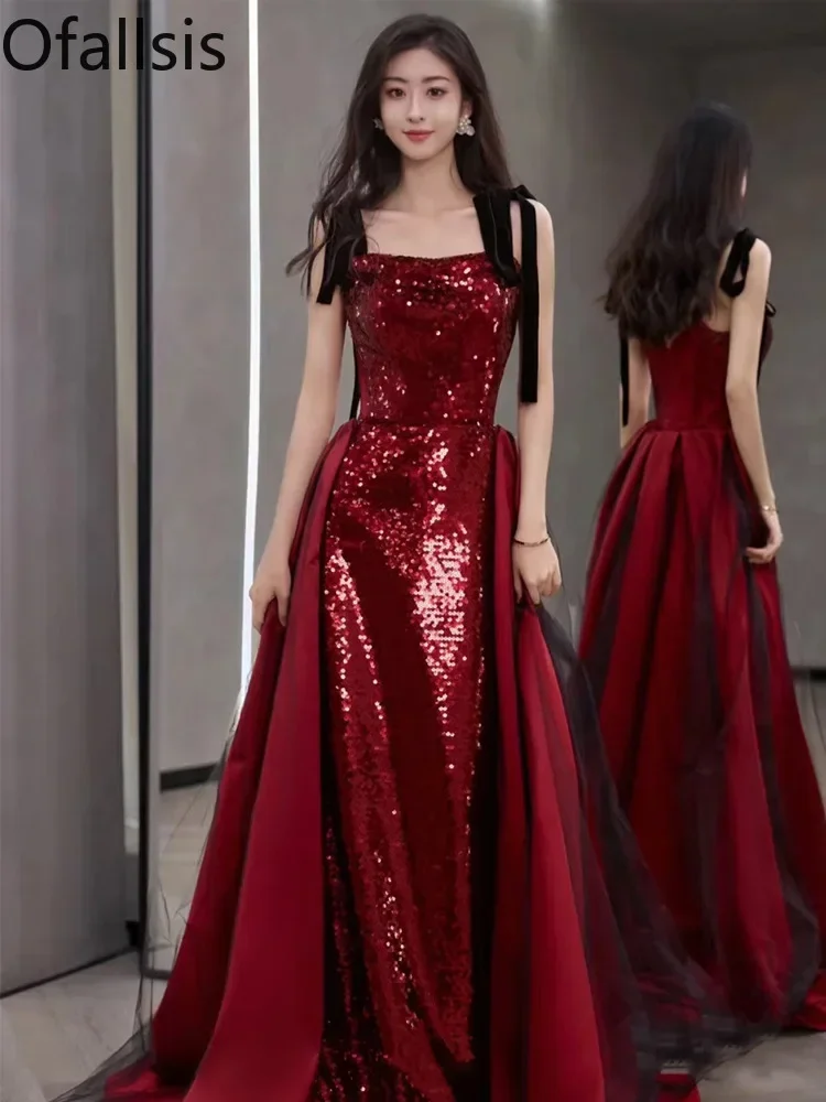 

Ofallsis Sequins Evening Gown 2023 New Wine Red Suspender Luxury Temperament Celebrity Host Engagement Spaghetti Strap Dresses