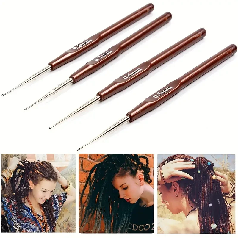4pcs Crochet Hook Hair Braiding Tool, 0.5/0.6/0.7/0.8mm Needle Hooks Dreadlock Kit For Braid Dreadlocks