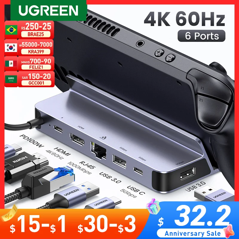 UGREEN USB C Docking Station to HDMI 4K60Hz RJ45 PD100W Dock for Steam Deck Asus ROG Ally Nintend Switch MacBook PC USB 3.0 HUB - Золотой Фид