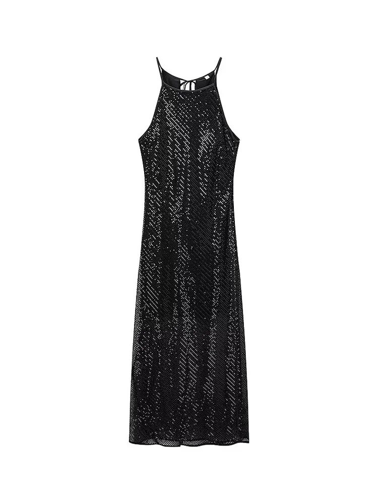 HH Sommer Damen Einfarbiges O-Ausschnitt Trägerkleid Pailletten-Verzierung Schnürung Ärmellos Modisch Rückenfrei Geschlitzter Saum Midi-Kleid