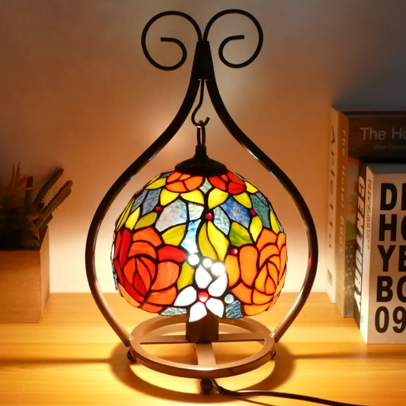 

Baroque Stained Glass Shade LED E27 Edison Bulb WitBlack Painted Iron Base Pastoral 8-incDesk Lamp Table Bedside