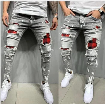 2025 Jeans Pencil Pants Holes Distressed Men Streetwear Denims Patchwork Mid Waist Slim Fit Washed Denim Ankle Length Trousers 1