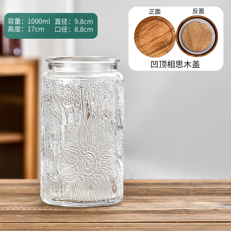 1000ml Glass Storage Jar of Begonia Flower Nuts Snacks Sealed Jar of Tea Miscellaneous Grains with Lid Household Storage Jar 6