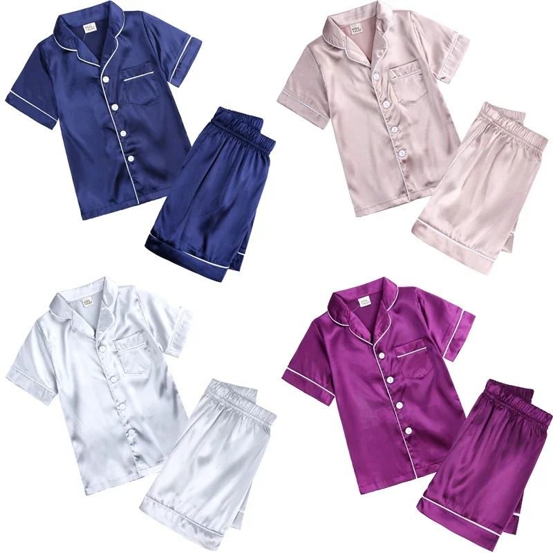 Little Kids Boys Girls Soft Silk Satin Pajamas Set Toddler Solid Classic Loungewear 2Pieces Button-Down Top Pants Sleepwear Suit kids pajamas set