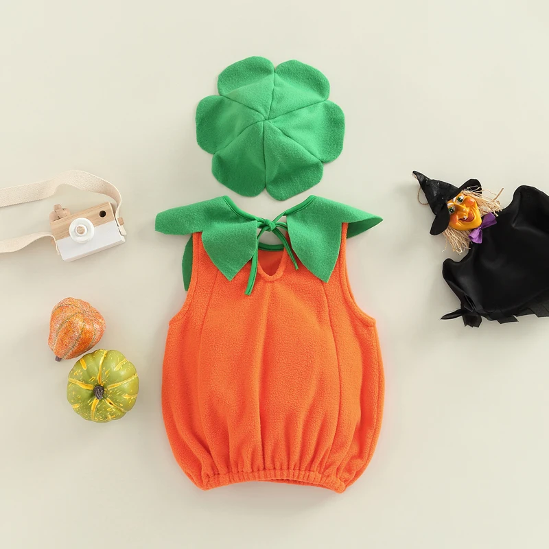 Newborn Baby's Clothes Halloween Pumpkin Costume Set Toddler Tie-up Sleeveless Tank Tops Hat Children's Clothing Set Festival