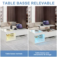 Table basse moderne Fangange avec dessus relevable et éclairage LED RGB, table basse blanche brillante avec tiroir de rangement et vitrine en verre, table multifonctionnelle pour salon 100x55x35cm 5