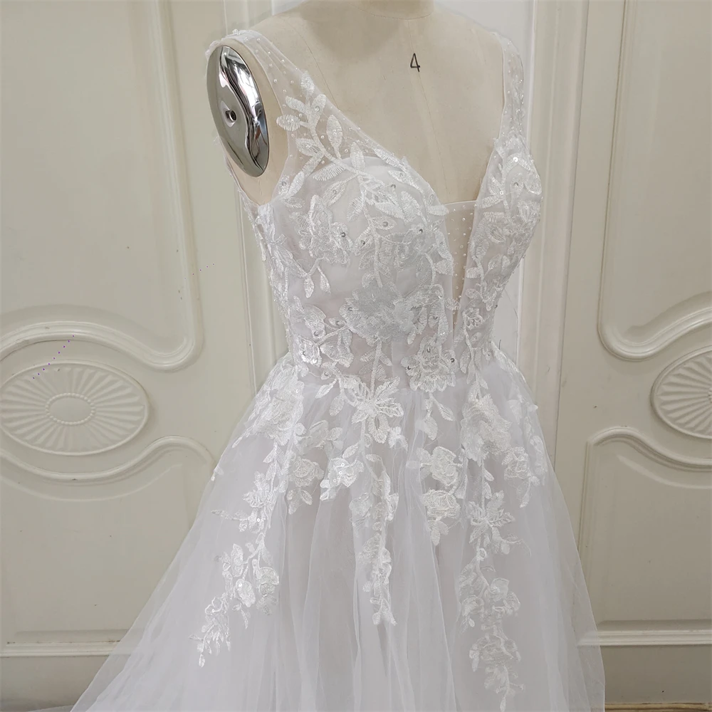 ZJ6002 Customized Boho V-neck Wedding Dresses Spaghetti Straps Appliques Corset Beach Tulle Bridal Gown Lace Floor Length 6