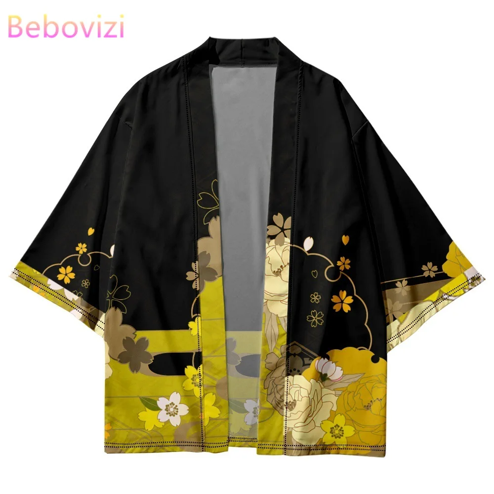 Fashion Yellow Flowers Print Haori Summer Beach Yukata Japanese Casual Traditional Kimono Cardigan Women Men Streetwear Shirts fashion men women vest tank tops juice wrld print couple t shirts streetwear harajuku casual sleeveless large size 2020 summer