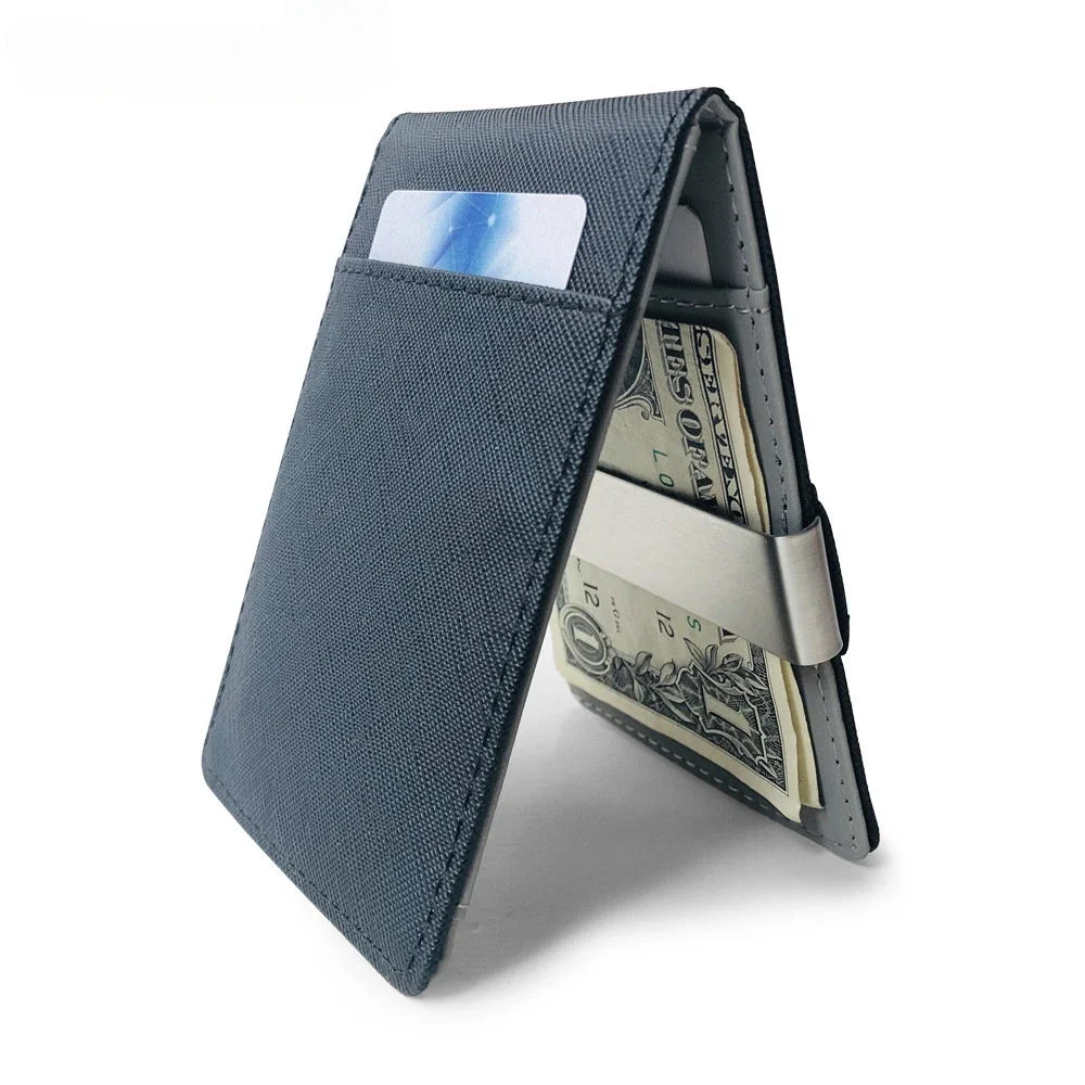 

Hot Sale Fashion Solid Men's Thin Bifold Money Clip Leather Wallet with A Metal Clamp Female ID Credit Card Purse Cash Holder