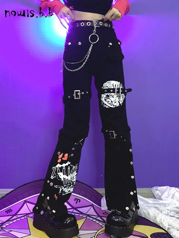 

NOWISBB Cargo Pants Joggers Streetwear Women Punk Graffiti Pocket Slit Straight Pants High Waisted Casual Trousers Party Club