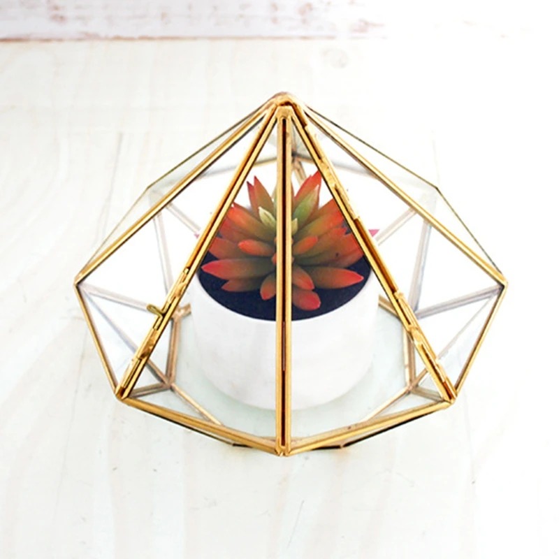 Handmade Gold Open Glass Geometric Terrarium Brass Diamond Succulent Fern Moss Plant Display Container Balcony Small