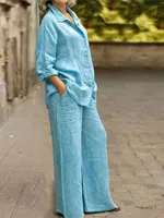 Ensemble 2 pièces en coton et lin pour femmes, chemise à manches longues, jambe large, mode féminine, bureau, printemps, automne 2