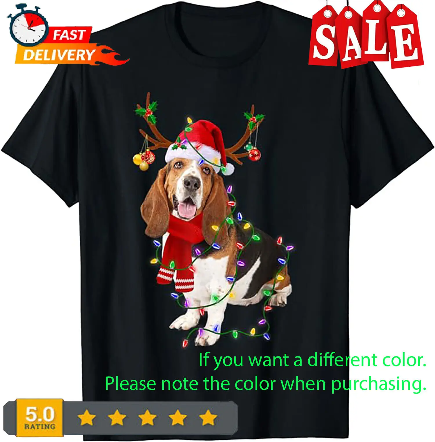 Divertente Basset Hound Dog Tree Christmas Lights Xmas Pigiama T-Shirt