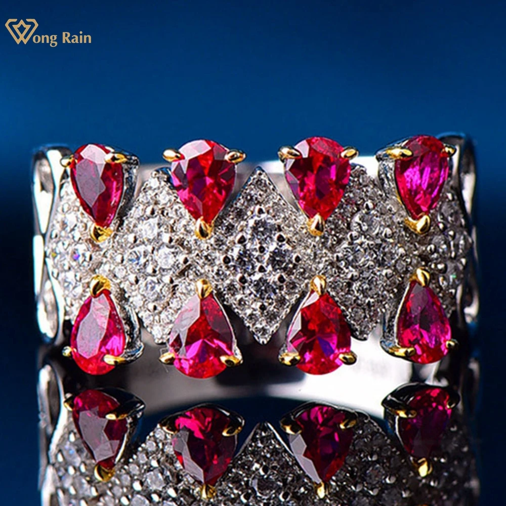 

Wong Rain Luxury 925 Sterling Silver Pear Cut Ruby High Carbon Diamond Gemstone Row Ring For Women Cocktail Party Fine Jewelry