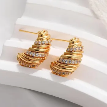 Vintage Stainless Steel Spiral Texture C-shape Stud Earrings for Women Polished 18K PVD Gold Plated Round Hoop Earring Jewelry