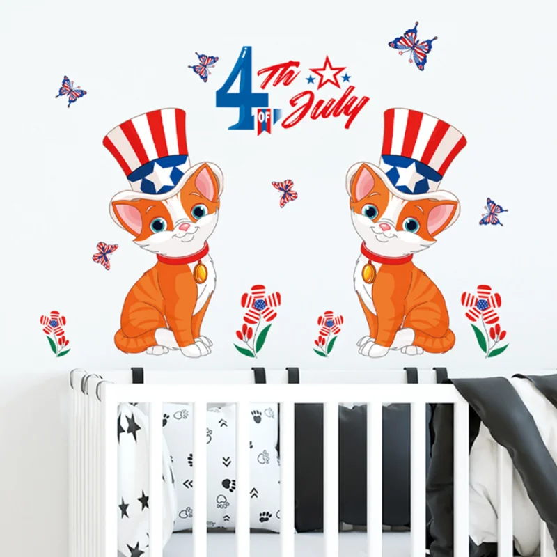 2 Sheets Independence Day Small Cat Sticker DIY Window Bedroom Study Living Room Background Decoration Scene Wall Static Sticker