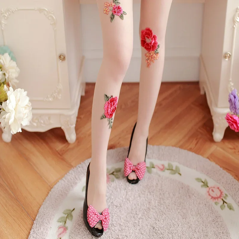 Girls Women Sexy Pantyhose Rose Flower Embroidery Ultra Thin Slim Tights Lady Elastic Silk Stockings Hosiery 5
