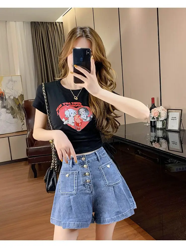Single-Breasted Denim Shorts Women 2024 Summer New Korean High Waist Thin Loose Wide Leg A-Line Hot Pants Streetwear Jeans Short