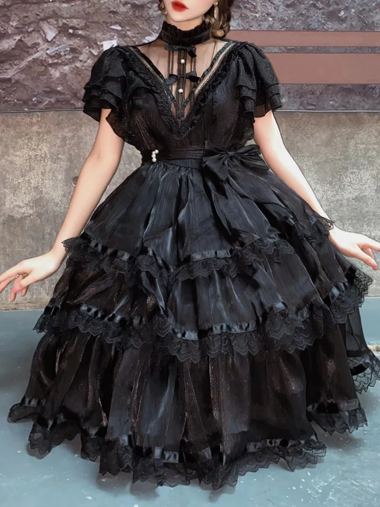 

Balck White Angelic Pretty Lolita Op Dark Gothic Girl Dress Flower Wedding Daily Short Sleeve Op Fluffy Vestido Tea Party