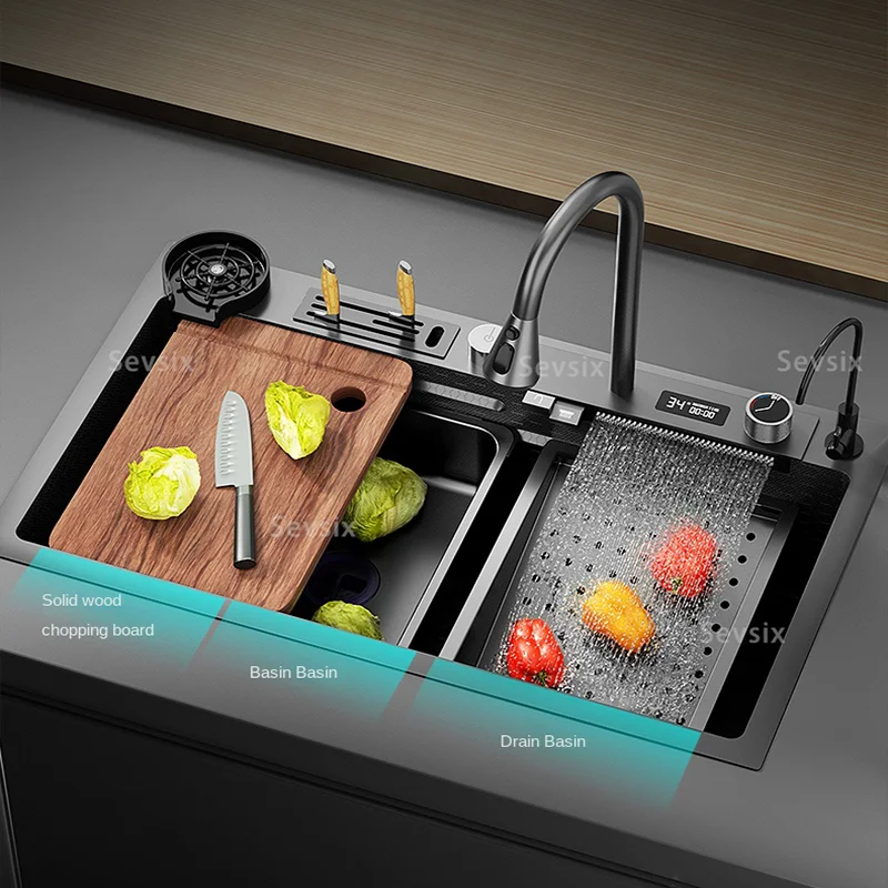 Waterfall Sink Kitchen Stainless Steel Topmount Sink Large Single Slot Wash Basin With Multifunction Touch Waterfall Faucet