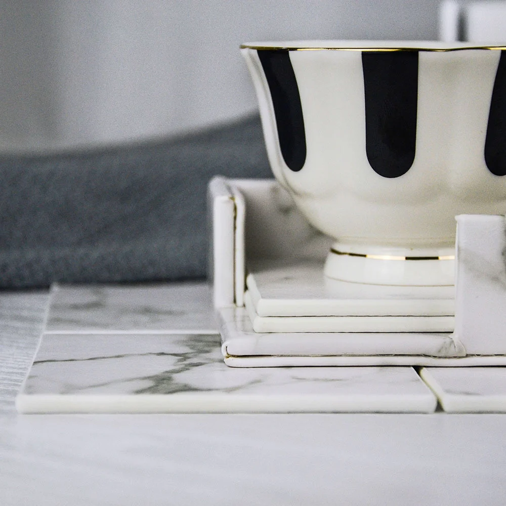 6 Sottobicchieri In Pelle PU Marmo Bianco - Antiscivolo, Portabicchieri, 10cm