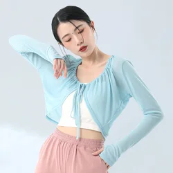 Women Classical Dance Tops Long Sleeve Short Cover Up Finger Hole Thumb Knitted Ballet Shirts Modern Dance Training Basic Tops