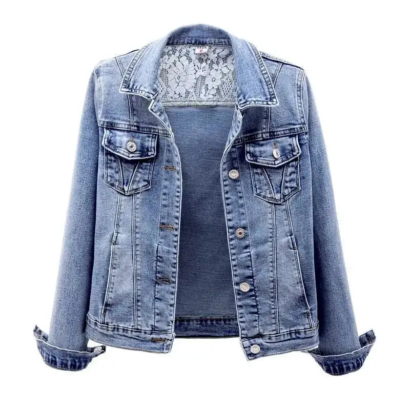 

2024 New Spring Autumn Denim Jacket Women Long Sleeve Overcoat Loose Lace Basic Coat Button Streetwear Outerwear Jeans Jackets