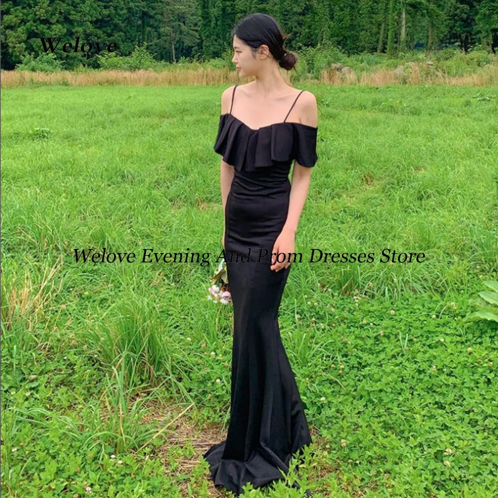 

Welove Black Simple Off the Shoulder Mermaid Sleeveless Evening Dress Floor Length Formal Prom Gown photography 프롬드레스