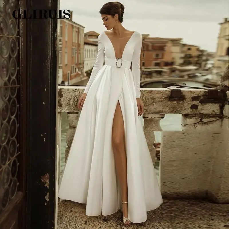 

Chic Sexy High Slit Wedding Dresses Boho Long Sleeves Satin Bride Dress Illusion Neck Backless Weeding Party Gowns