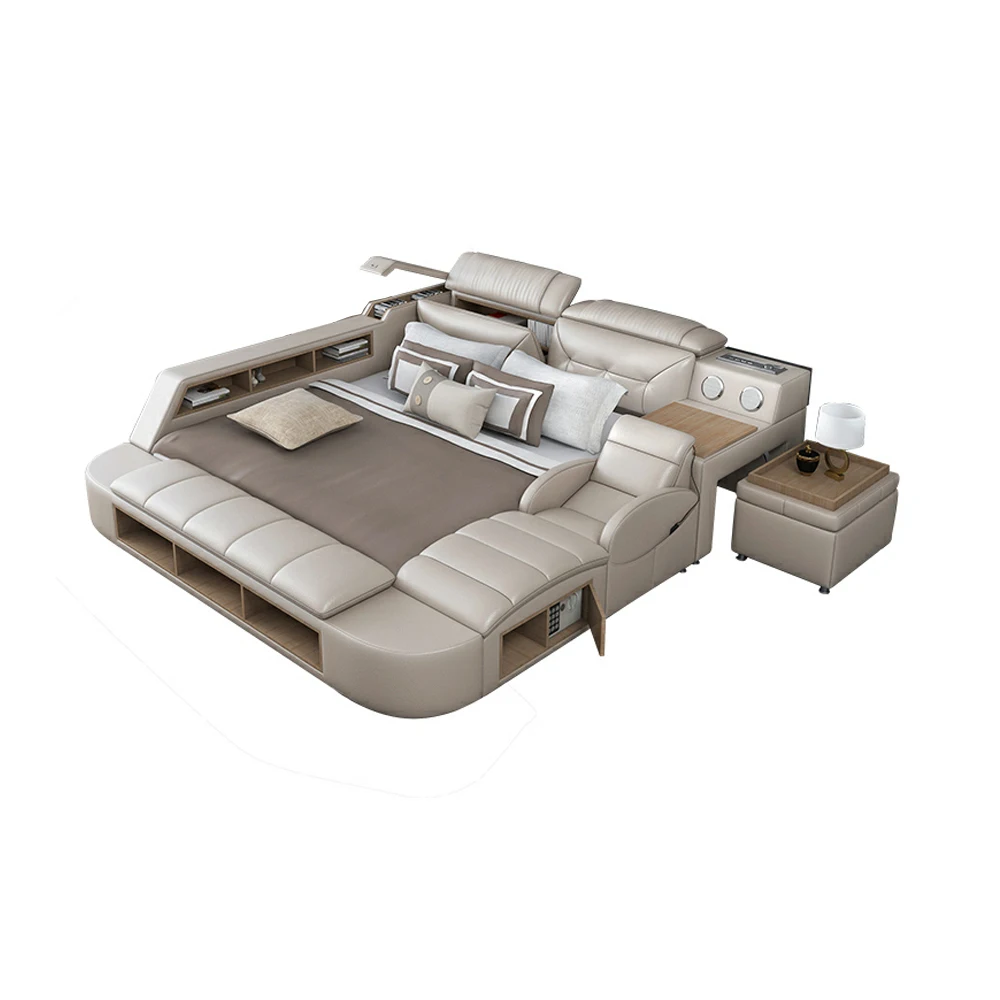 MANBAS Genuine Leather Multifunctional Massage Bed Frame Tech Smart Camas Ultimate Tatami Beds with Bluetooth Speaker,USB, Safe