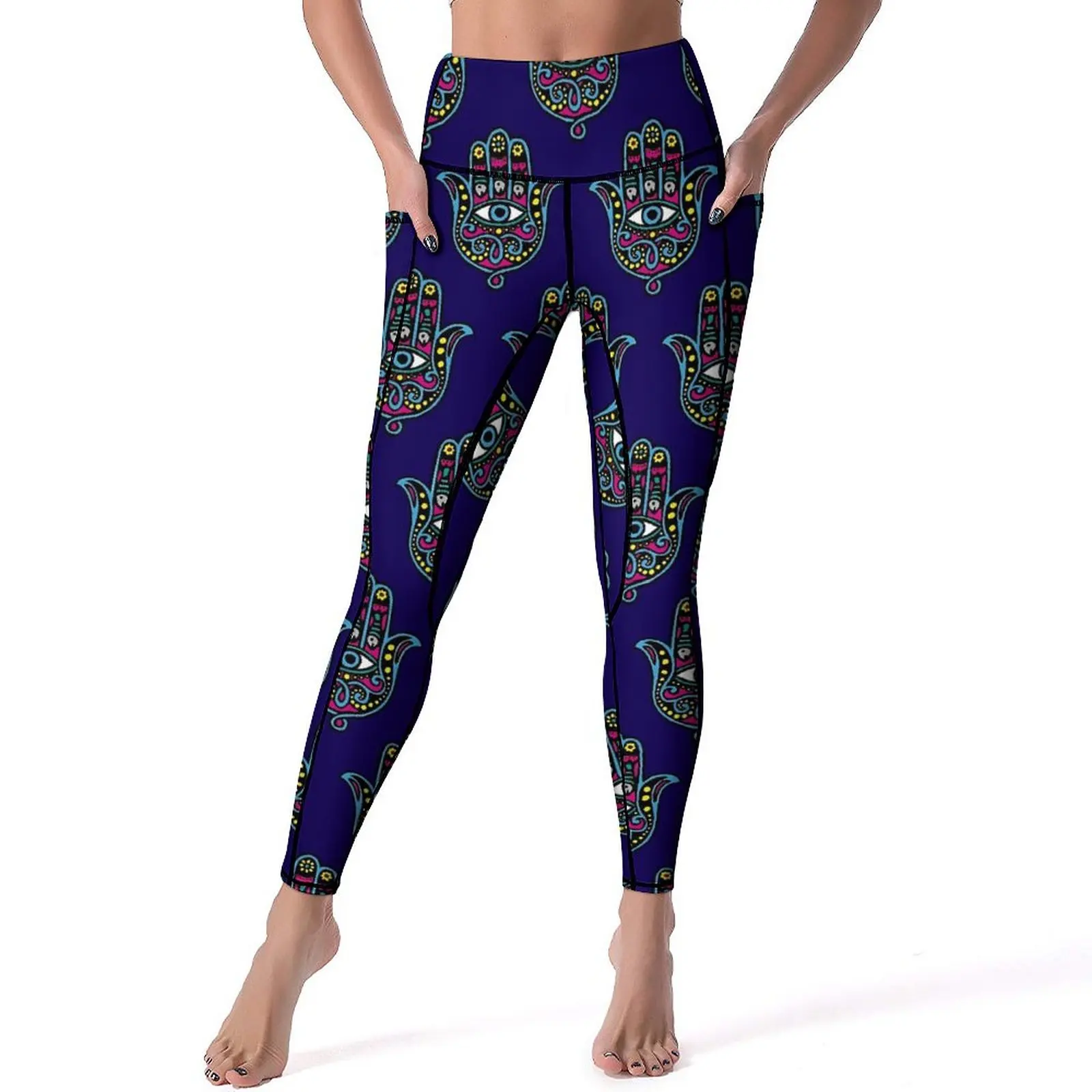 

Hamsa Hand Print Leggings Sexy Hand of Fatima Workout Yoga Pants Push Up Stretch Sports Tights Pockets Retro Custom Leggins
