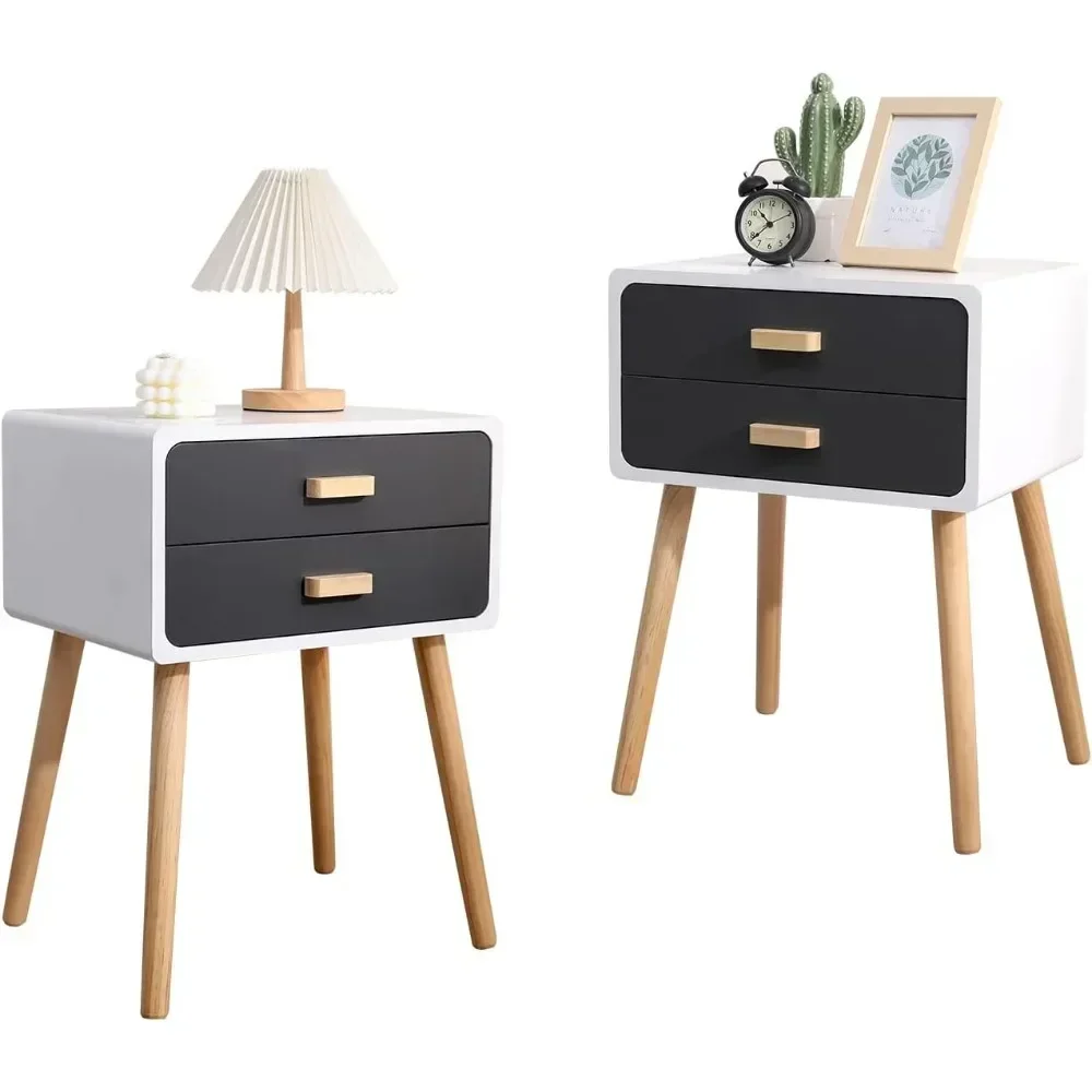 Set of 2 Nightstand End Table with 2 Storage Drawers and Solid Wooden Legs, Bedroom Living Room Furniture (Grey) 6 Set of 2 Nightstand End Table with 2 Storage Drawers and Solid Wooden Legs, Bedroom Living Room Furniture (Grey) 6