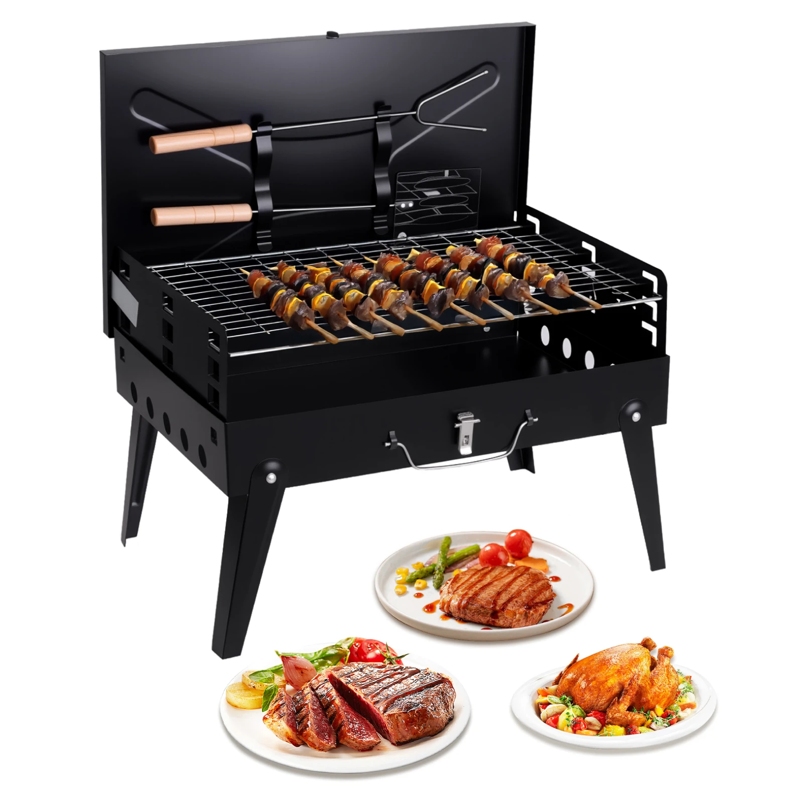 Portable Charcoal Grill Foldable BBQ Grill Adjustable Heights Durable Compact Easy to Clean Camping Tail