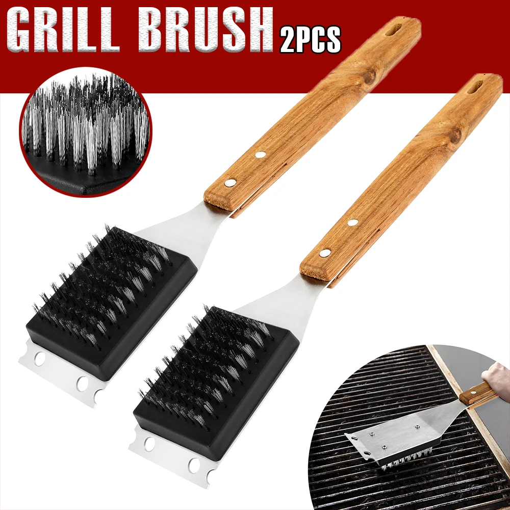 2Pcs Barbecue Brush 15 Inch BBQ Brush Kit Outdoor Effective Grill Cleaning with Wood Handle and Scraper for Grill Cleaning