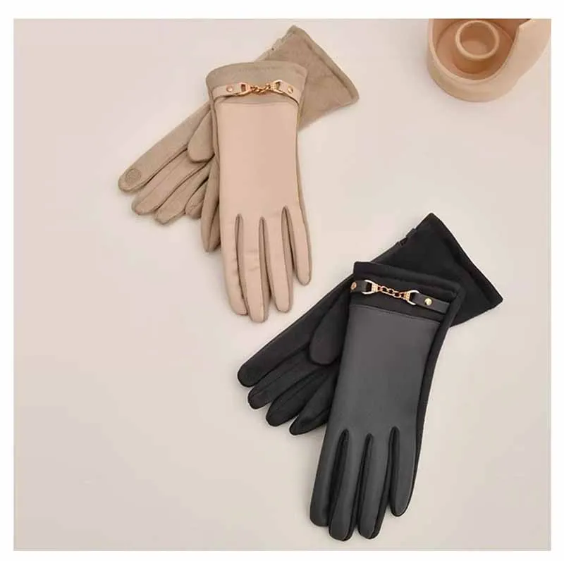 Winter Women Suede Leather Plus Velvet Keep Warm Chain Gloves Fashion Elegant Touch Screen Soft Drive Cycling Windproof Mittens