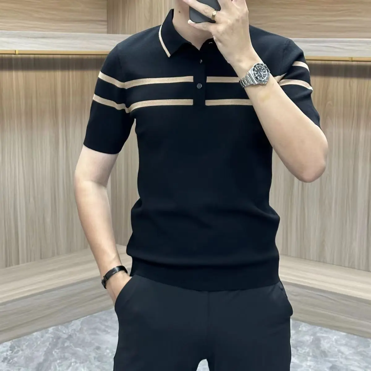 Summer New Striped Collar Men's Short Sleeve T-Shirt Trendy Fashion Slim Fit Knitted Collar Polo Shirt 13 S1baa851fc81a40feb8fa5b8506858db40