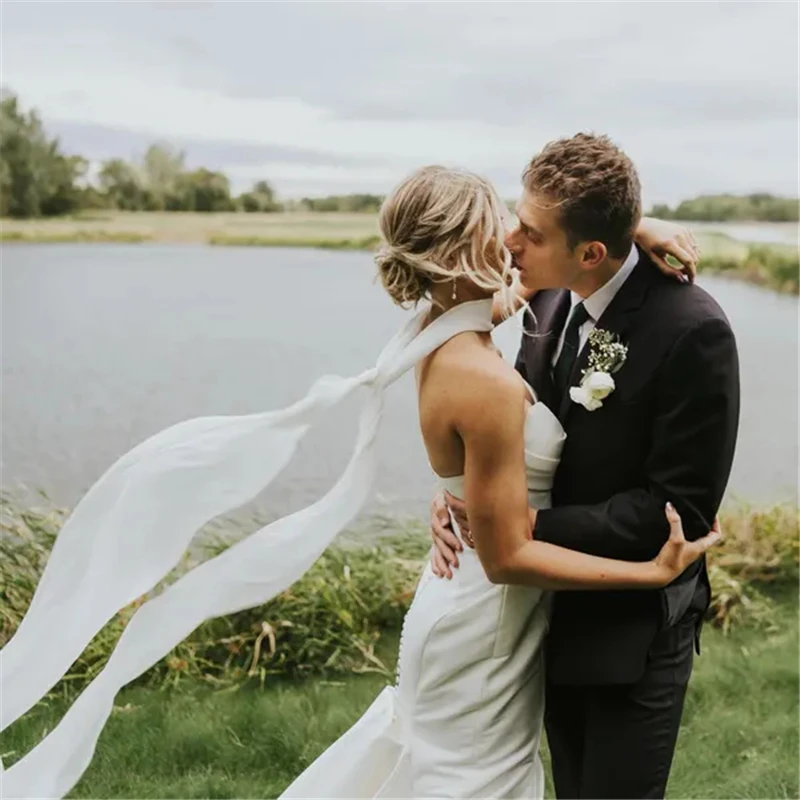 Bridal Veil Detachable Minimalist Wedding Bridal Neck Tie Scarf Veils Long Chiffon Silk Narrow Soft Hair Bow
