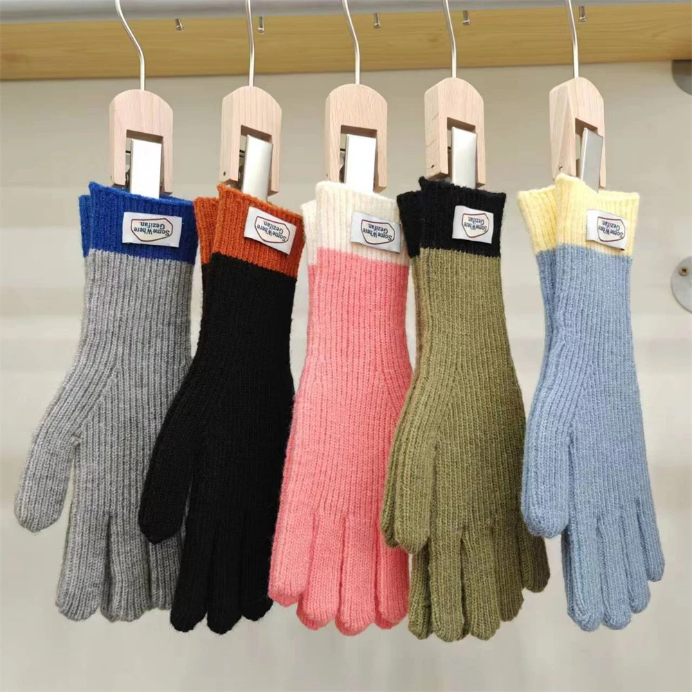 Women's Warm Knitted Gloves Couple's Split Finger Woolen Gloves Outdoor Riding Screen Touch Fluffy Stripe Christmas Gift