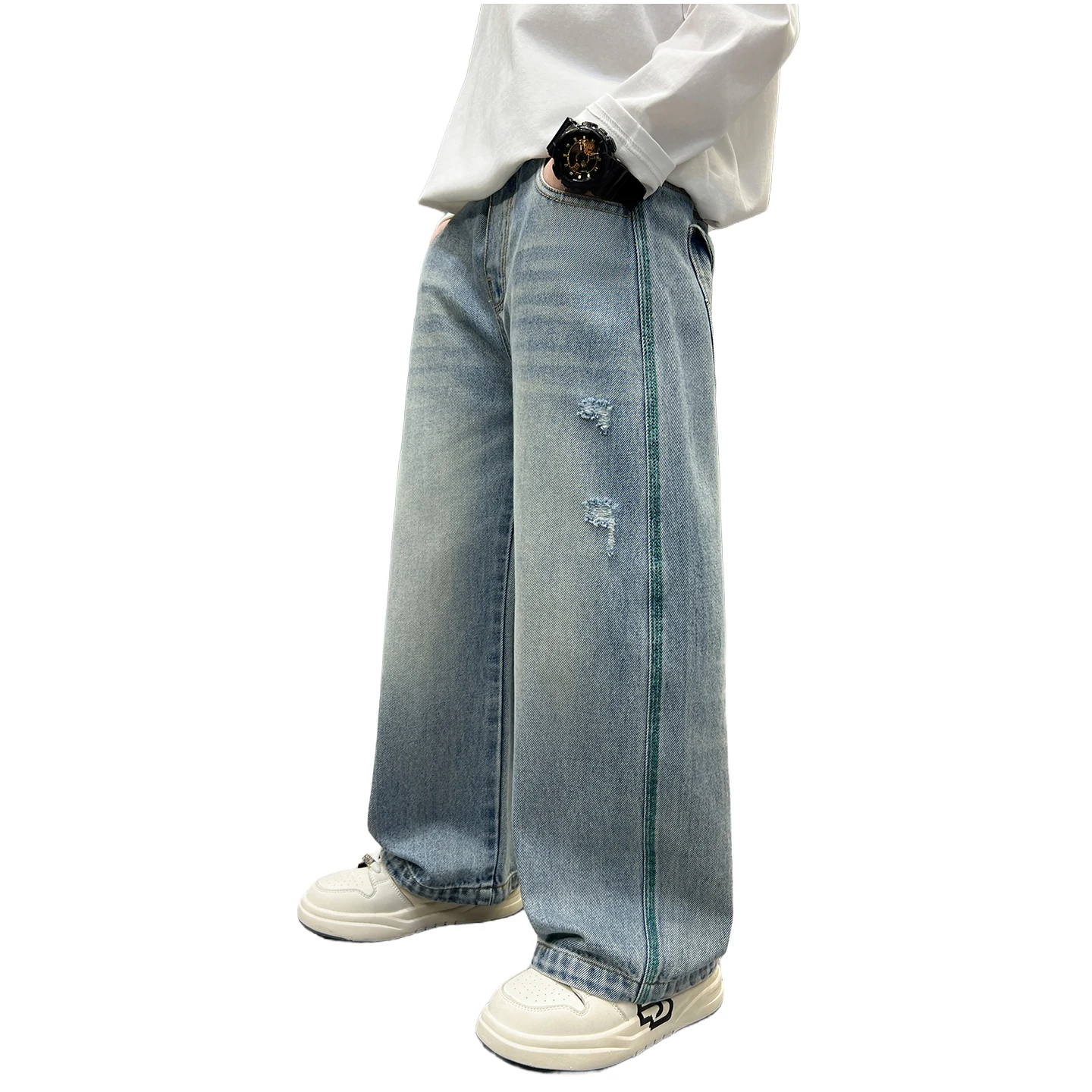 2026 소년용 와이드 레그 청바지 라이트 블루 디스트레스드 데님 팬츠 그린 스티칭 백 포켓 스트리트 스타일 키즈 바지 4-14세 패션