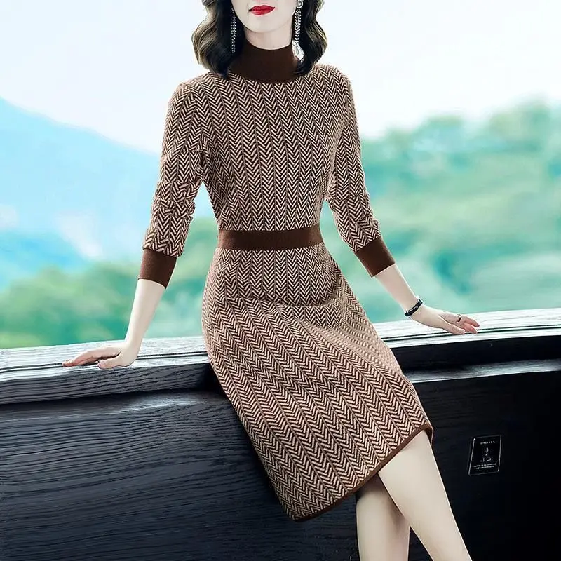 

Winter Dresses Turtleneck Knitted Long Slim Fit Dress for Women 2023 Casual Elegant Tunic Long Sleeve Knitted Dress Female V34